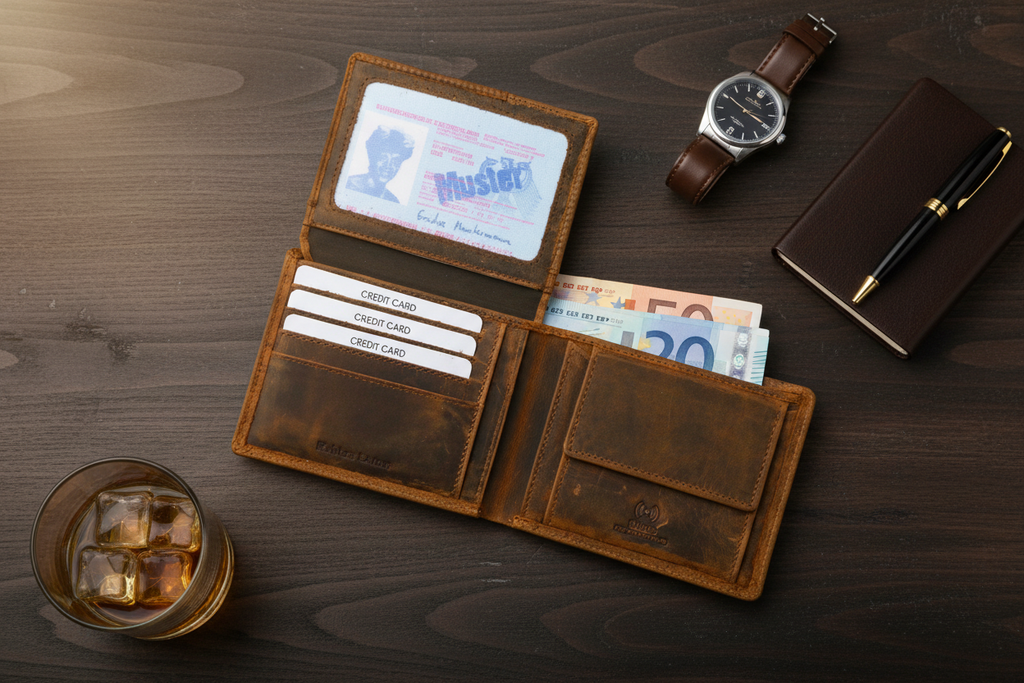 Herrenbörse ST01 – Flat Lay auf Holz
